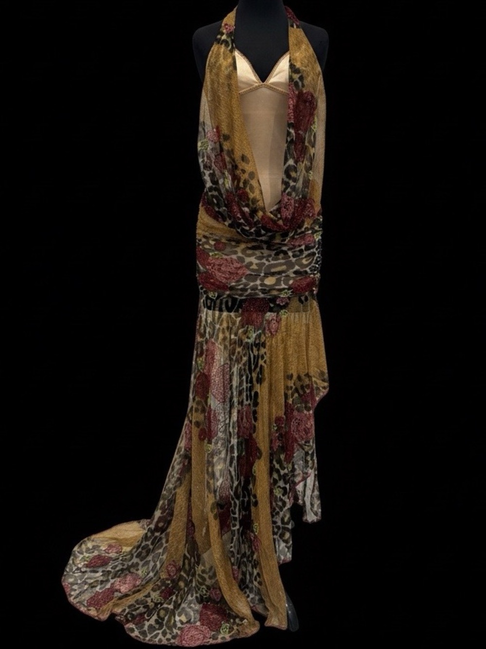 Gold bronze & burgundy Floral Leopard hand beaded Halter long evening dress